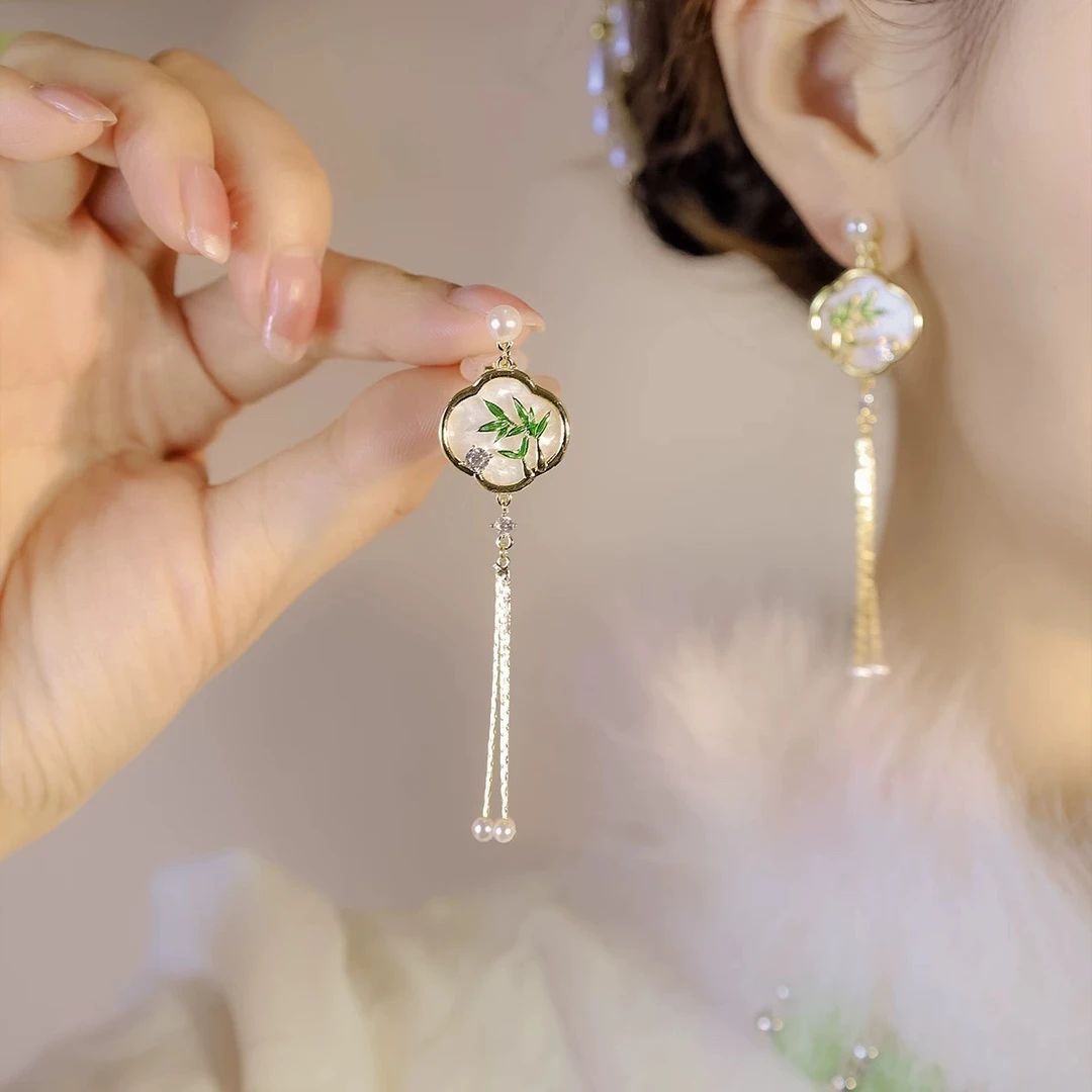 铜合金耳饰 国潮新中式古典气质竹叶青无耳洞三角夹耳夹/耳钉