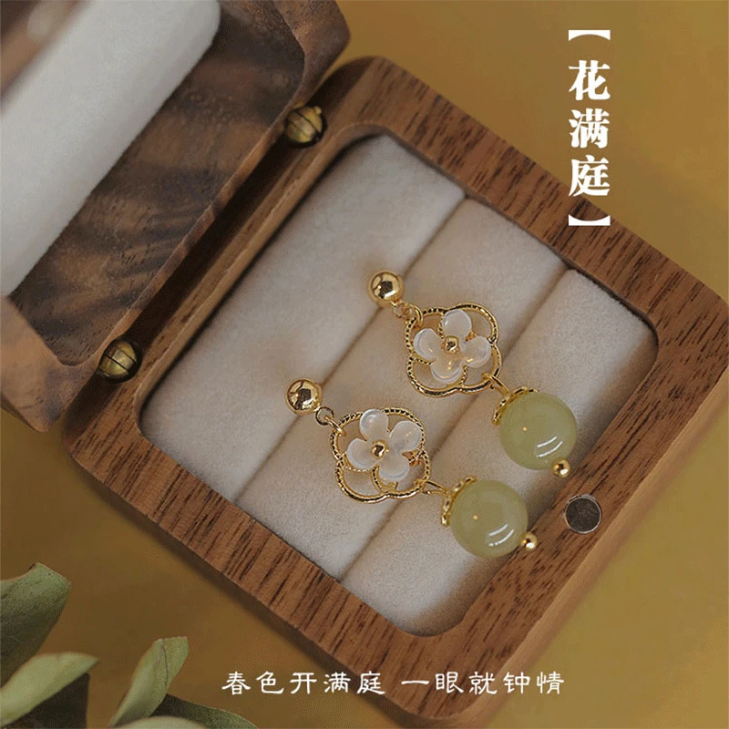 合金玻璃耳饰 新中式古风小兰花珠珠蚊香盘耳夹小众精致简约汉服