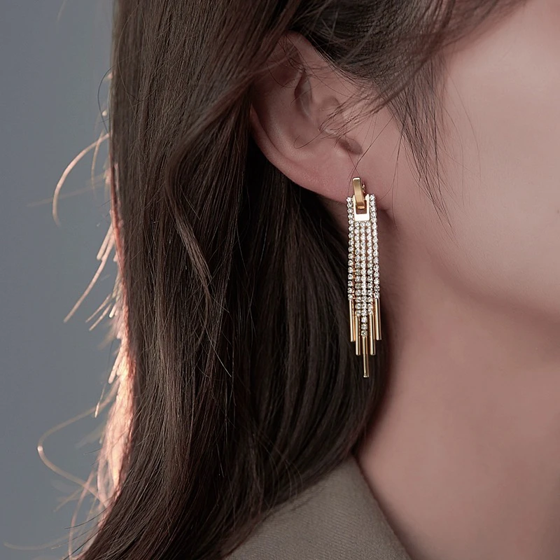 铜合金合成锆石耳饰 无耳洞耳夹满锆微镶气质流苏显脸瘦个性优雅