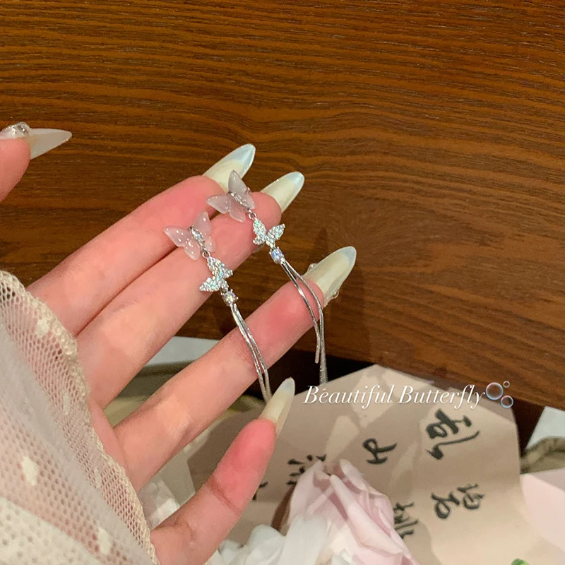 铜合金耳饰 夏天的蝴蝶流苏无耳洞耳夹女轻奢高级感大圆脸长款