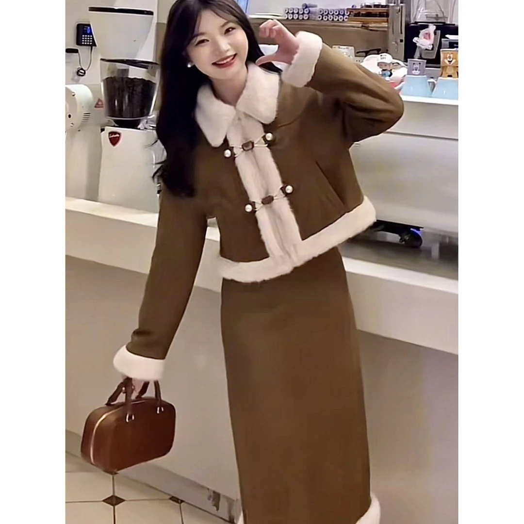 秋冬羊羔绒两件套女冬季百搭高级感加棉加厚气质小香风套装洋气