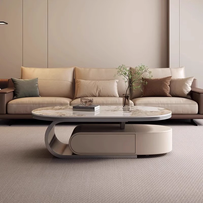 意式轻奢岩板椭圆形茶几大小组合客厅家用现代简约不锈钢茶几极简