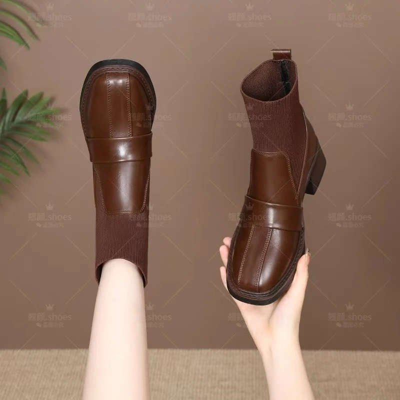 【翘颜品牌】高级百搭时尚气质设计感方根舒适软底软面瘦瘦靴238