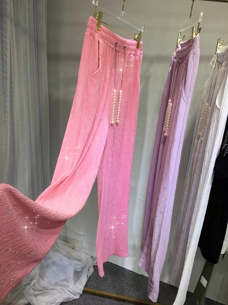 【泡泡纱面料】欧洲站重工艺珍珠烫钻高腰宽松阔腿裤女显瘦薄款夏
