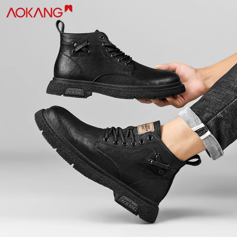 Aokang/奥康2025蛇年春季男士时尚休闲高帮厚底防滑耐磨马丁靴