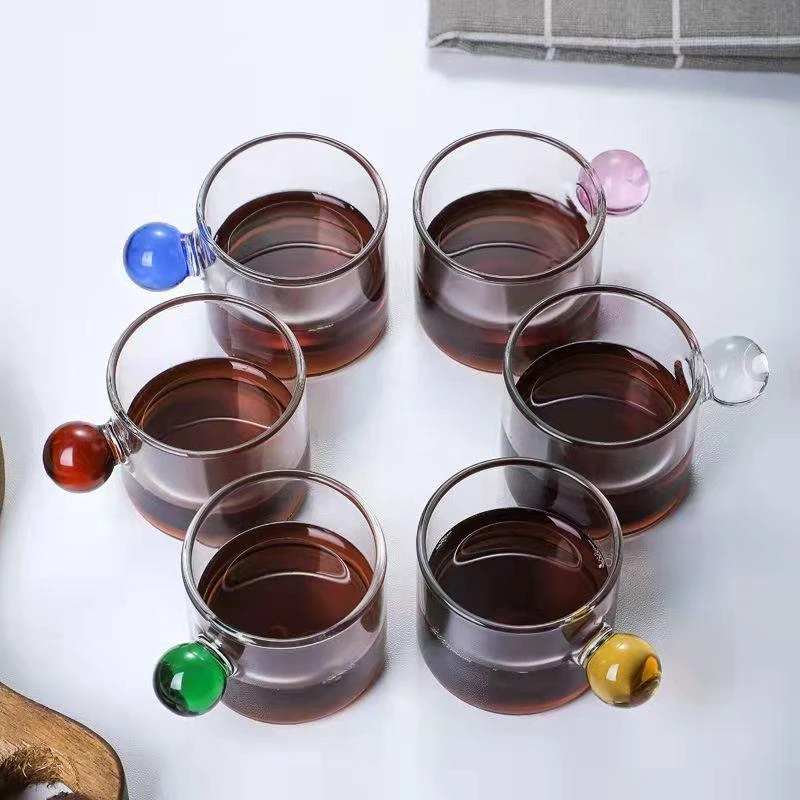 北欧风格六色圆形把玻璃杯家局玻璃圆球手咖啡杯 小容量茶杯意式
