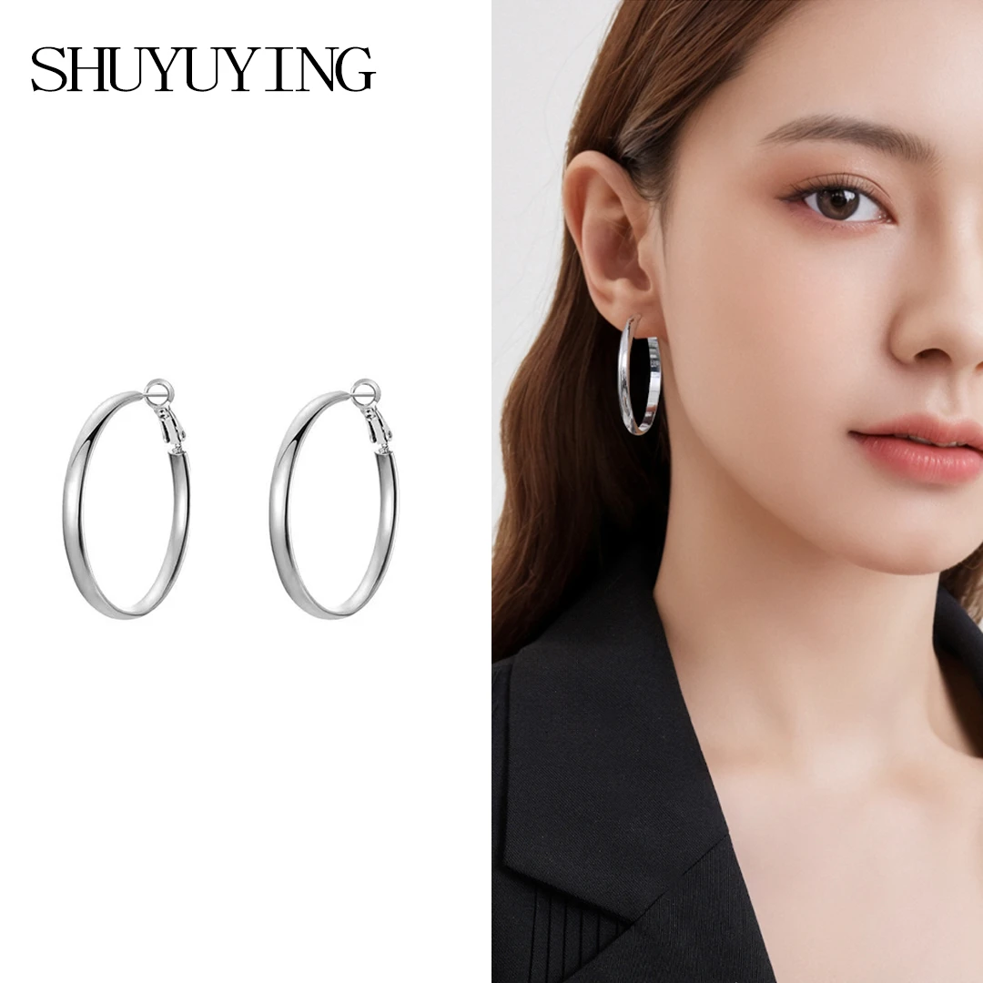 铜合金耳饰 925银针高品质百搭素圈耳环扁圈简约大耳圈光面耳环
