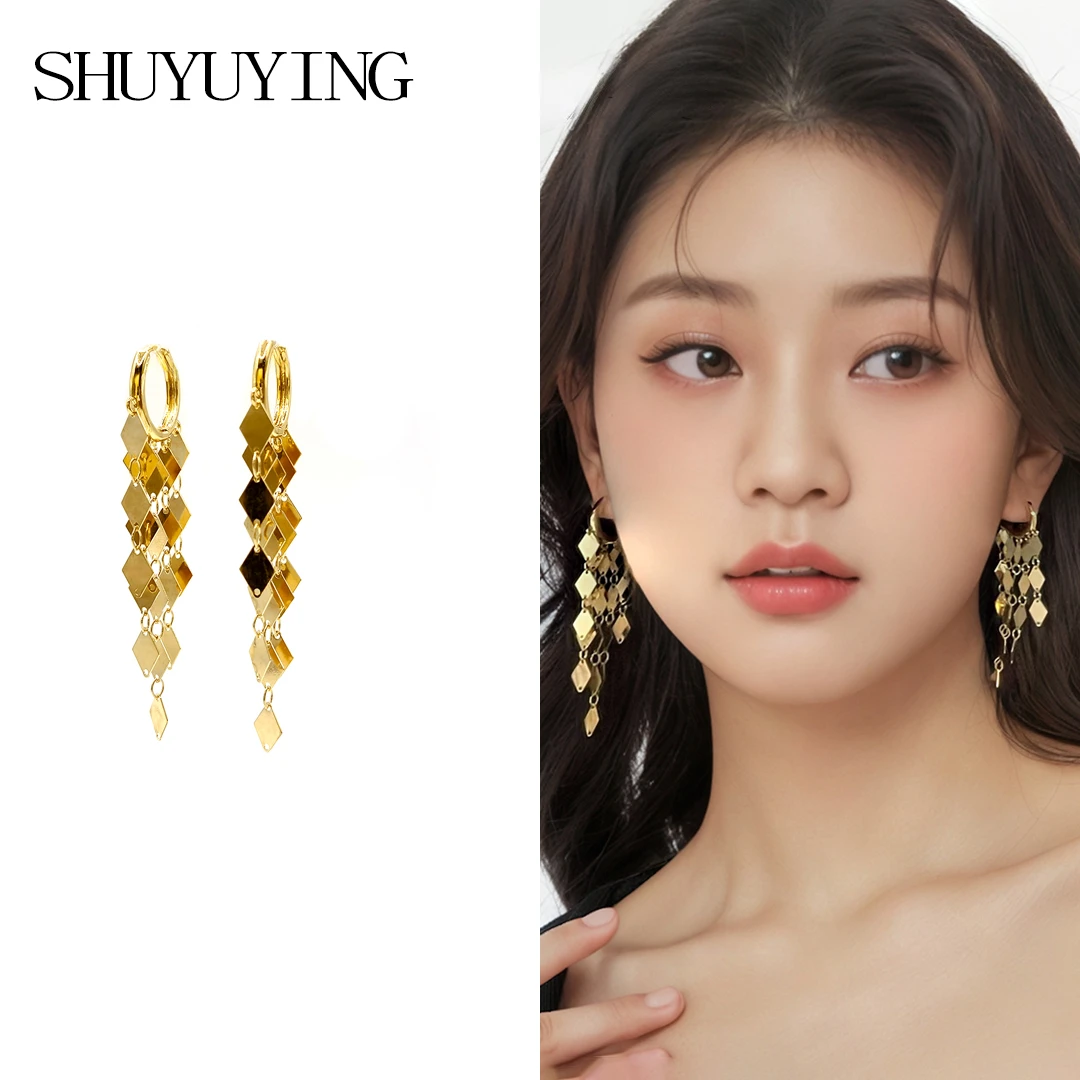 铜合金耳饰 925银针金色菱形长流苏耳环百搭简约长款轻奢设计感