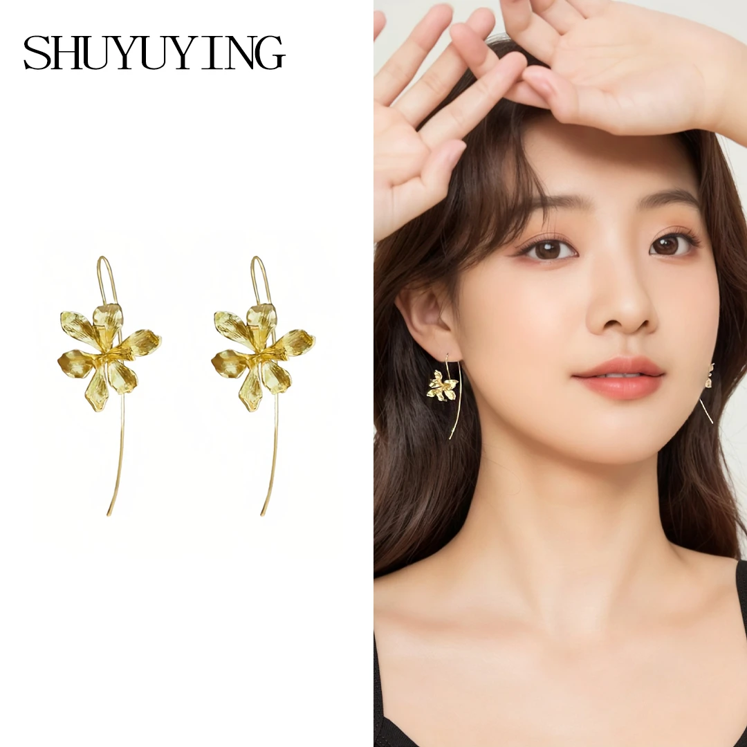 铜合金耳饰 925银针金色花朵耳挂小众复古气质时尚精致长款耳环