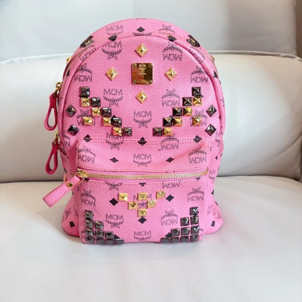 95新 MCM mcm小号双肩 多盯休闲女士红色