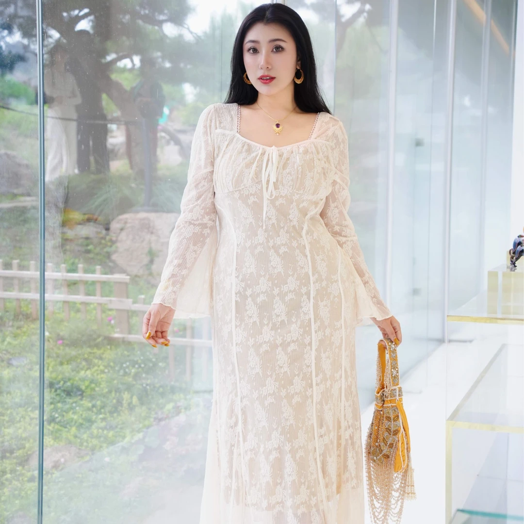 仟艺【月光蕾丝】早秋设计师修身收腰开叉女装连衣裙套装