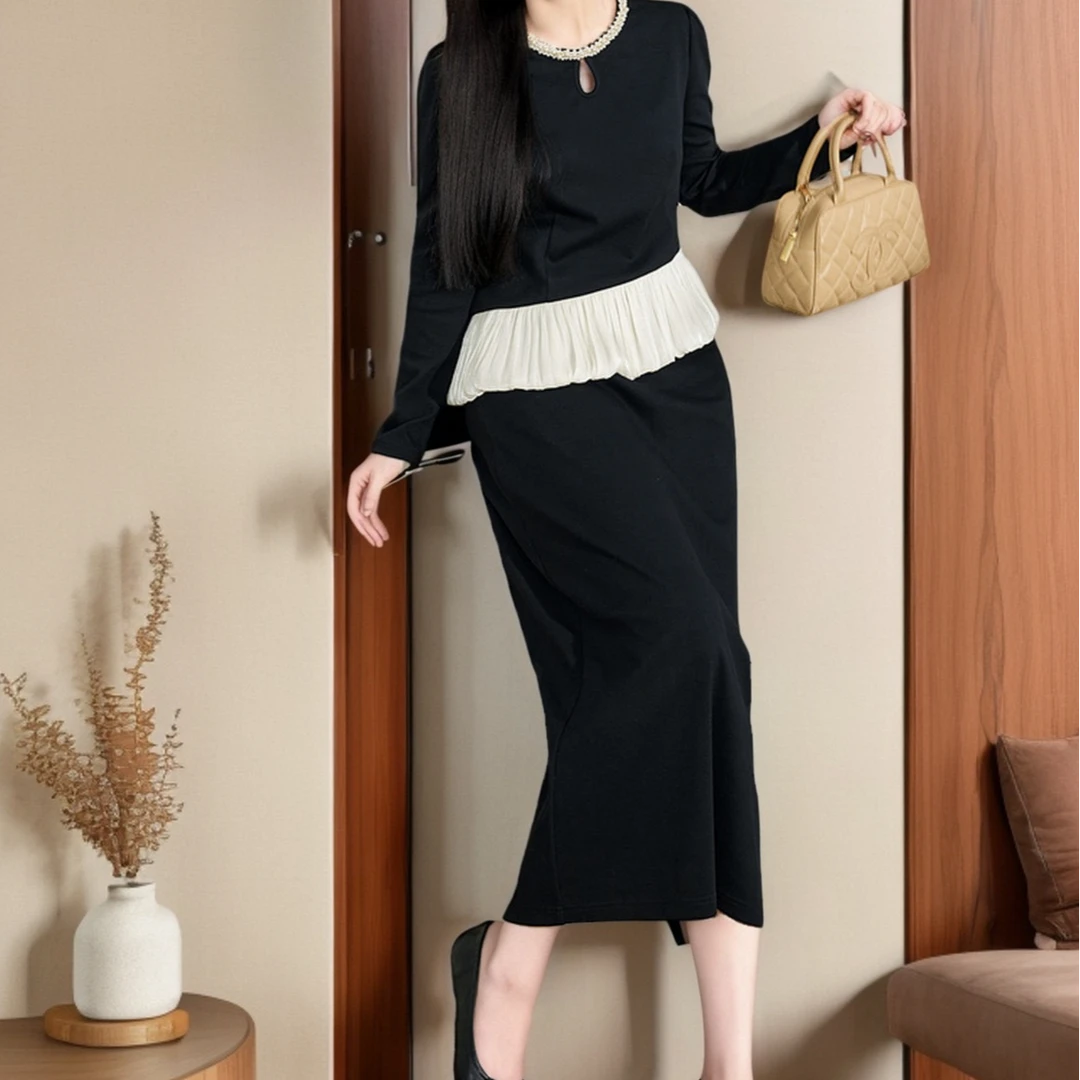 仟艺【梦露日记】大码秋冬气质超显瘦轻奢弹力半裙套装