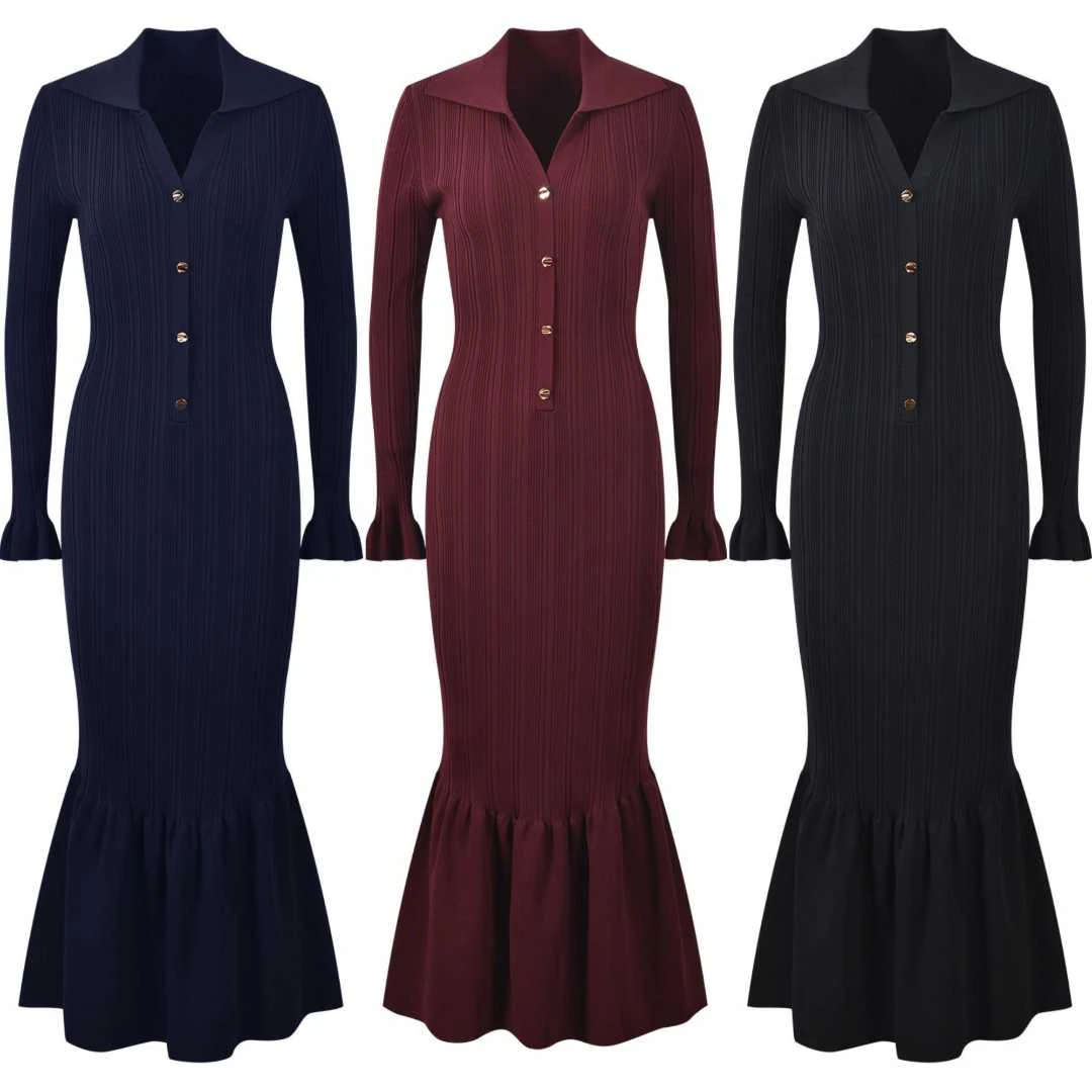 【仟艺】【摩登教主】三色大码秋冬气质弹力超显瘦连衣裙