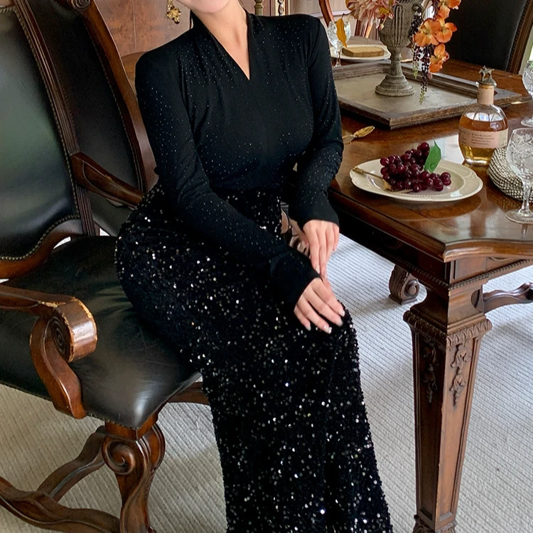 仟艺【重工弹力烫钻棉】显瘦气质时尚黑色修身秋冬衬衫