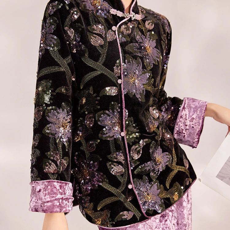仟艺【龙岩紫套装-外套】手工刺绣丝绒外套