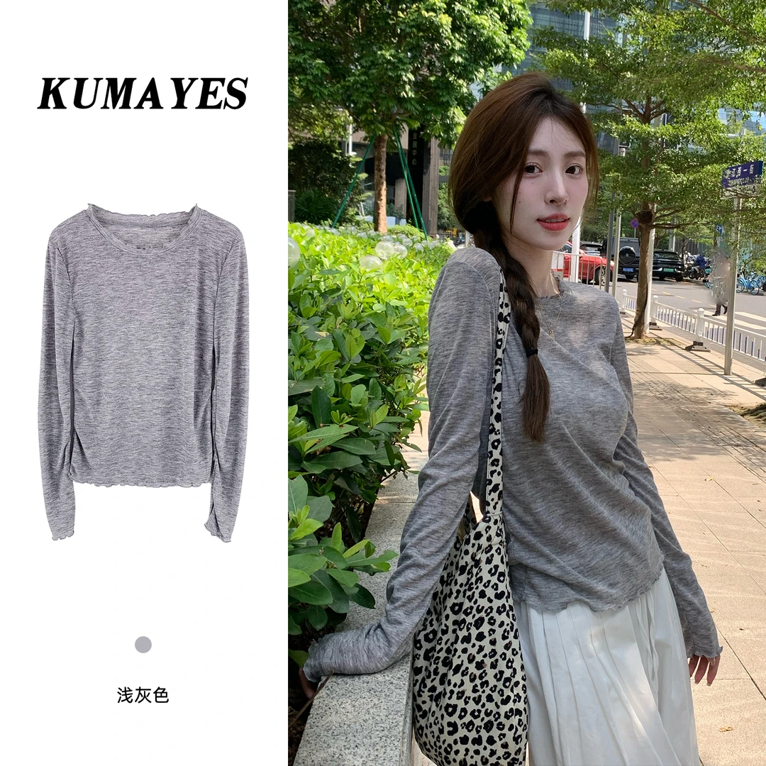 KUMAYES薄款圆领花边长袖T恤女纯色百搭卷边打底叠穿上衣2024新款