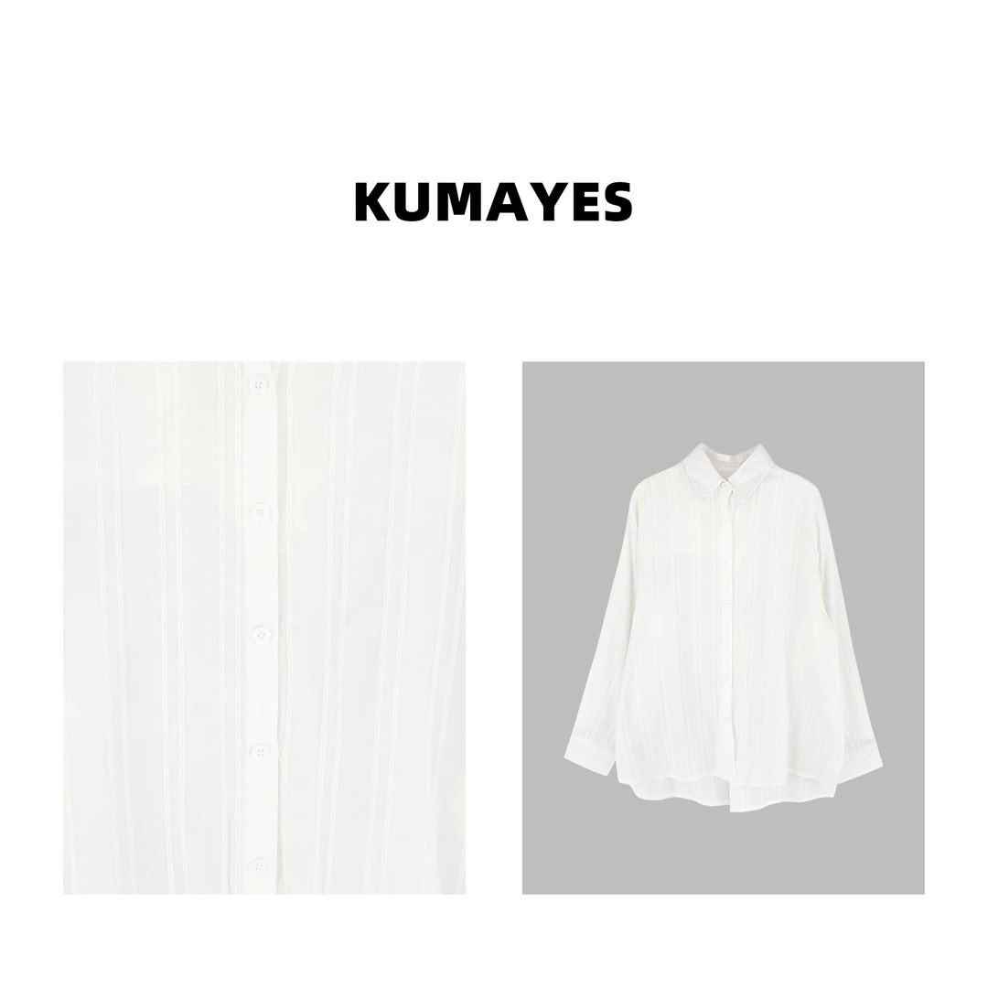 KUMAYES肌理感白色竖条纹宽松长袖polo衬衫女夏松弛薄款透气上衣