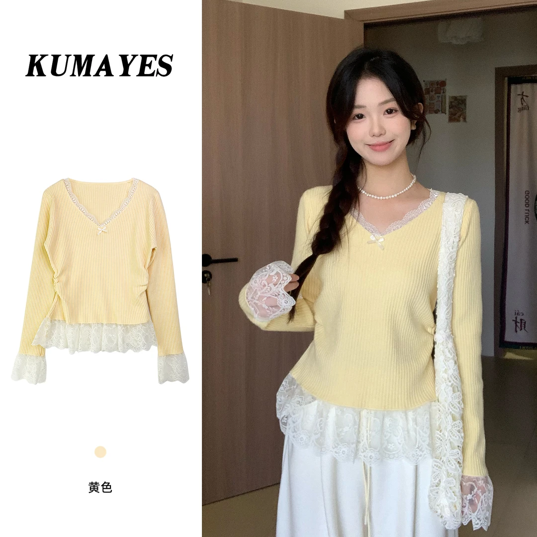 KUMAYES黄色v领蕾丝拼接打底针织衫女韩系温柔风修身显瘦内搭上衣