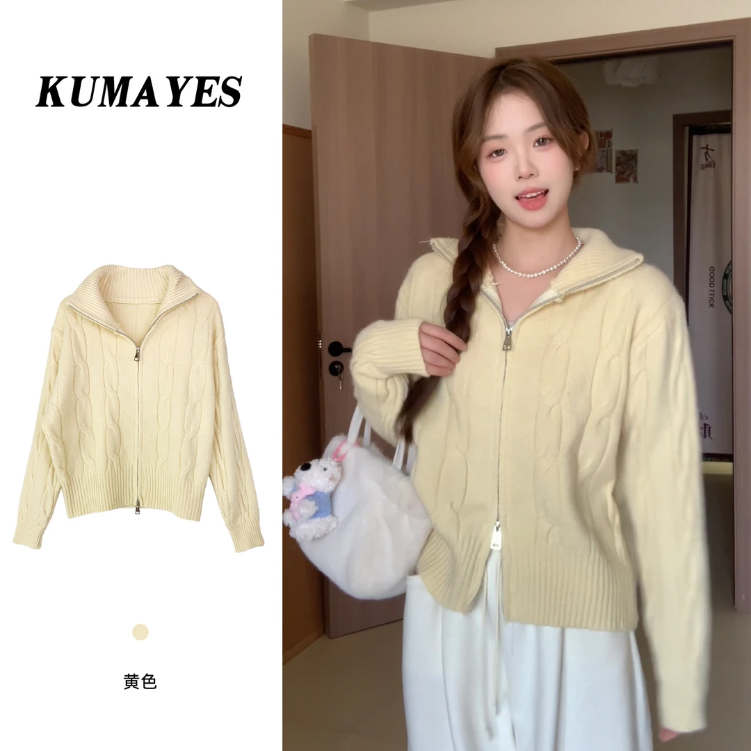 KUMAYES双拉链麻花高领毛衣女秋冬慵懒风厚款宽松针织开衫外套