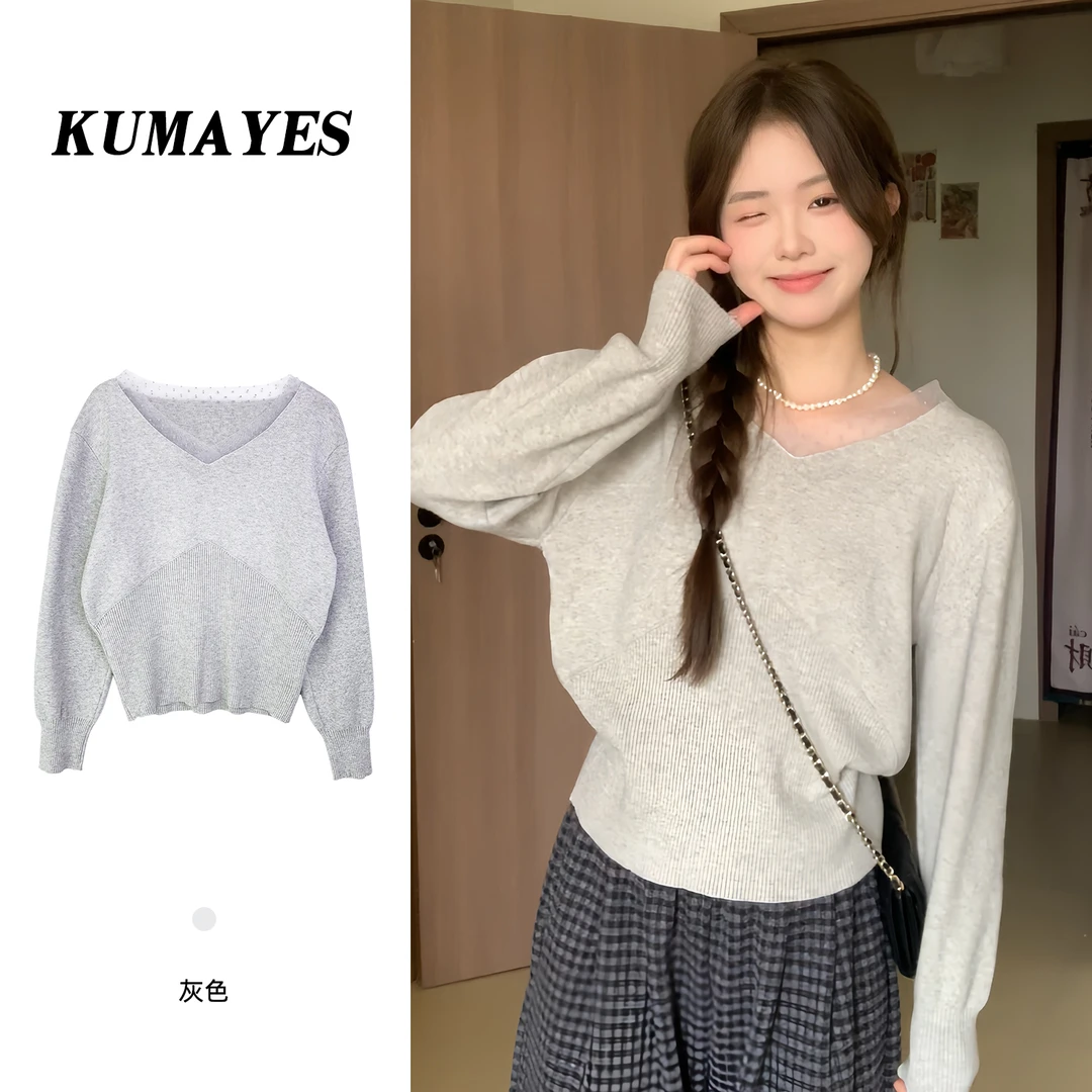 KUMAYES韩系波点蕾丝拼接v领长袖打底衫女别致收腰显瘦内搭上衣