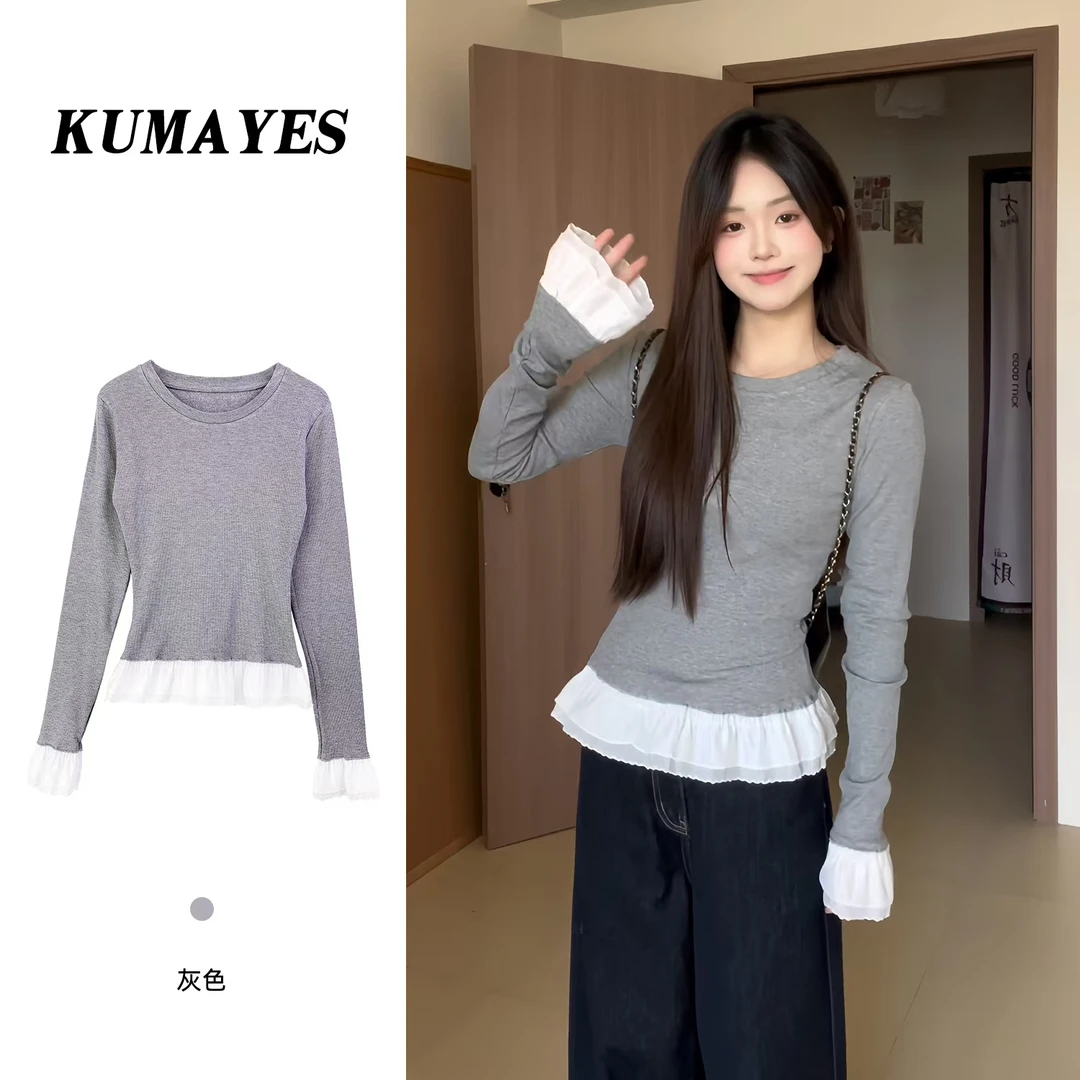 KUMAYES红人上新蕾丝拼接圆领长袖打底针织衫女法式修身内搭上衣