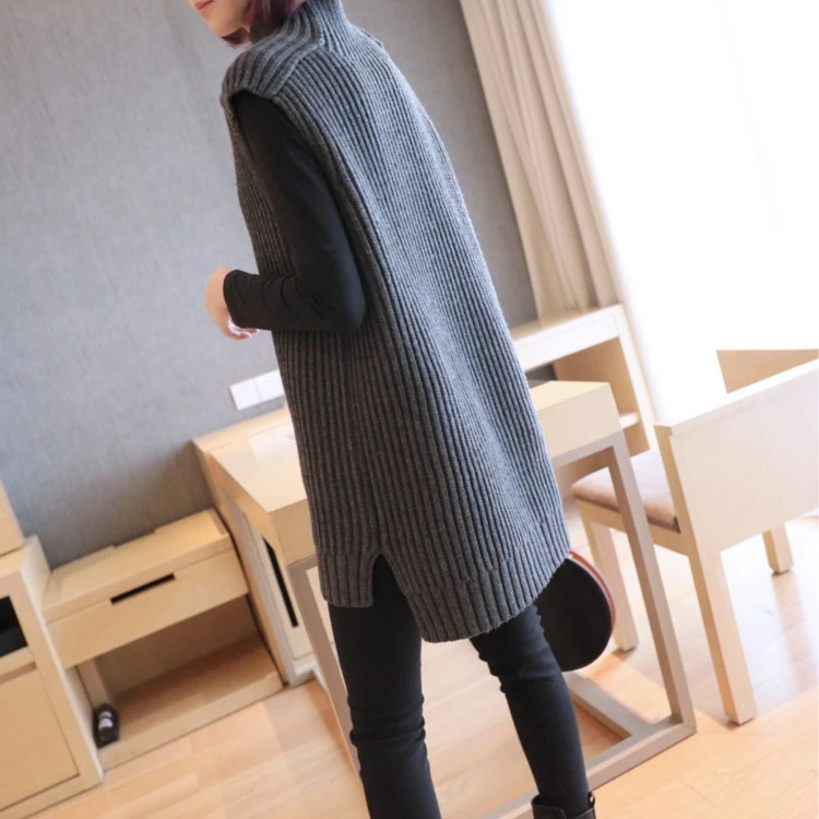 高档毛衣女士秋冬外穿中长款宽松高领无袖背心马甲针织打底衫上衣