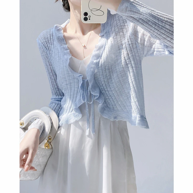 荷叶边系带冰丝针织开衫薄款女夏季防晒衫外搭小披肩上衣配连衣裙