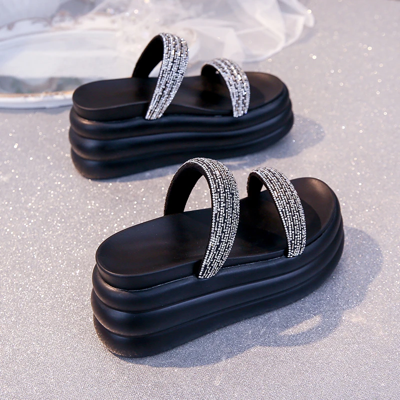 松糕厚底拖鞋女夏季外穿水钻时尚2025新款百搭小个子女士凉拖高跟