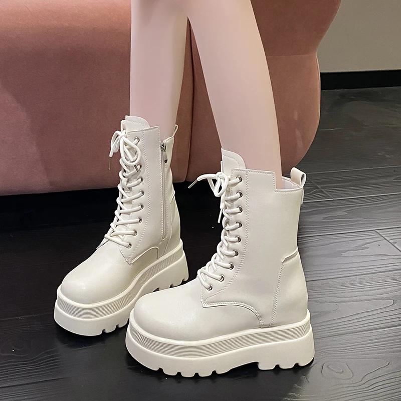 内增高短靴增高9cm白色马丁靴女2025秋季百搭显瘦小个子厚底女鞋