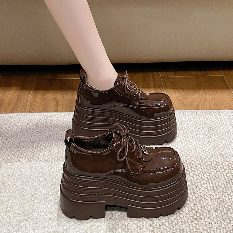 厚底松糕鞋女2025新款秋冬季加绒黑色英伦风小皮鞋女小个子增高鞋