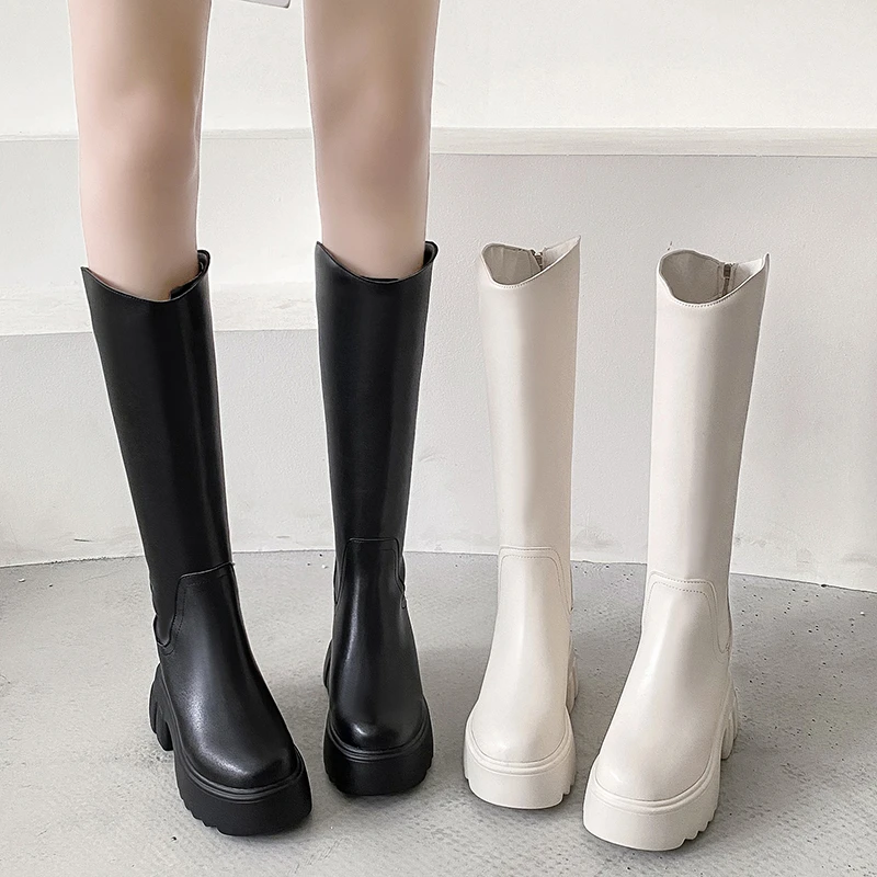 斜口显瘦高筒靴女不过膝2025新款秋冬内增高长靴百搭长筒骑士靴子