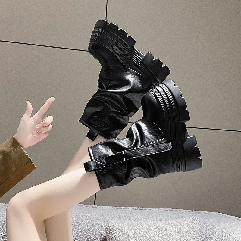 2024冬新款10cm内增高女鞋厚底加绒裤管靴百搭保暖短靴雪地靴棉靴