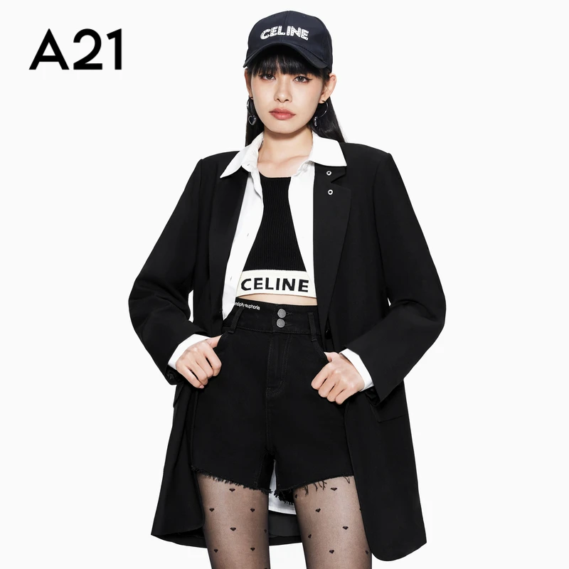 A21女装梭织宽松翻领长袖气场时尚酷帅长款夹层外套F421214018