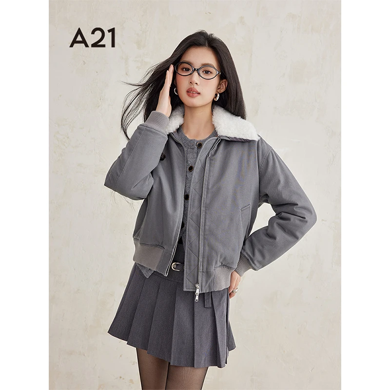 A21女装梭织合体翻领落肩开襟短棉服棉衣外套F444214011