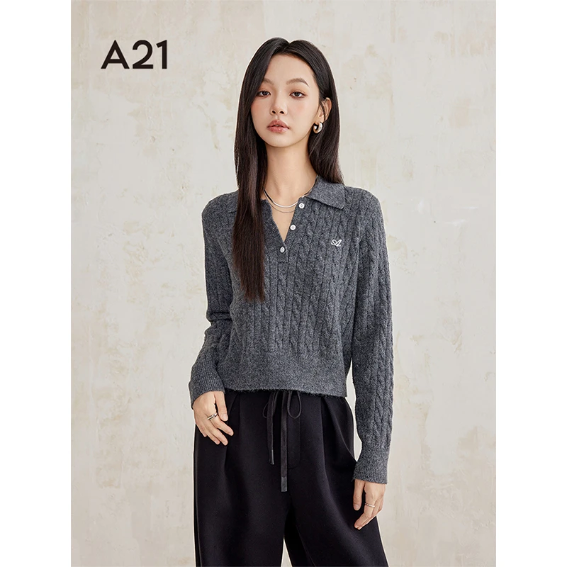 A21女装宽松翻领落肩半开筒套头毛衫上衣F443243021