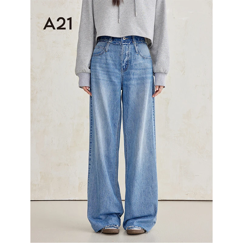 A21女装无弹中腰阔腿长牛仔裤F443226013