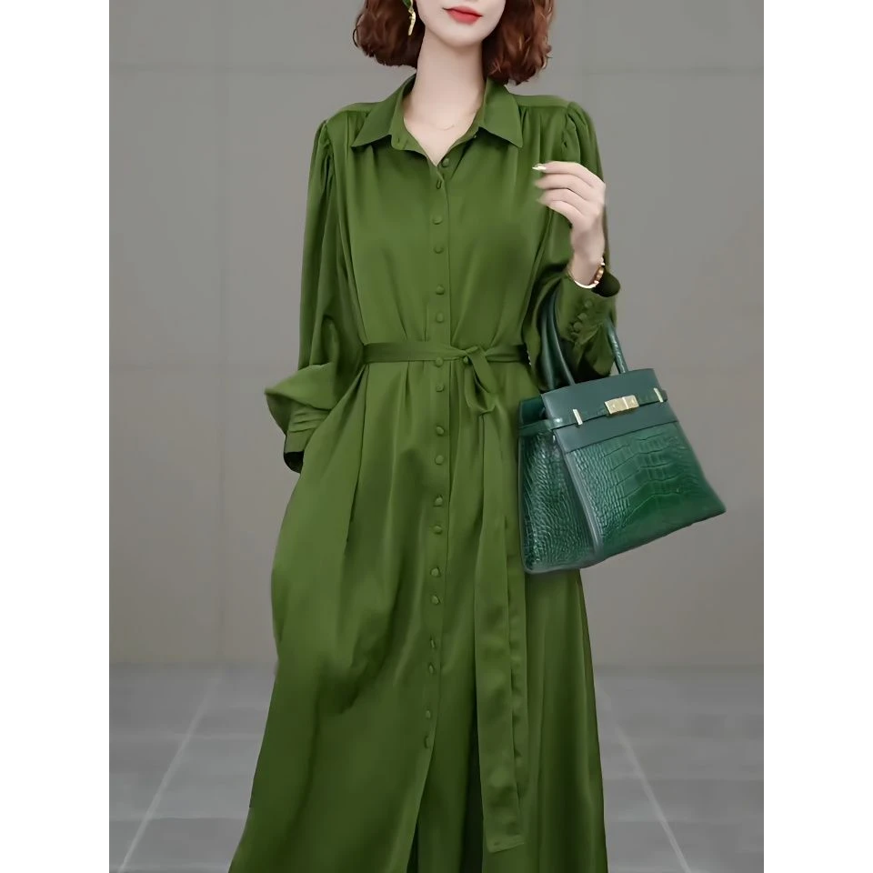 高级感收腰显瘦衬衫连衣裙2025秋季新款时尚减龄遮肚长袖过膝裙子