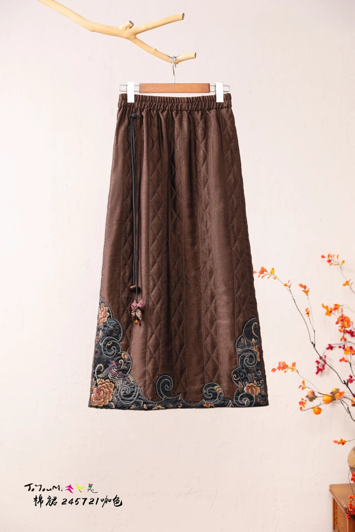 新中式国风气质咖色刺绣显瘦棉裙半身裙245721
