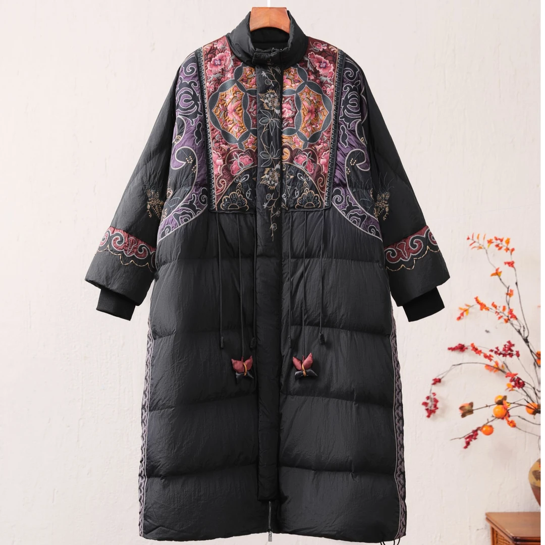 民族风白鸭绒羽绒服女时尚刺绣保暖长款外套保暖羽绒服245734