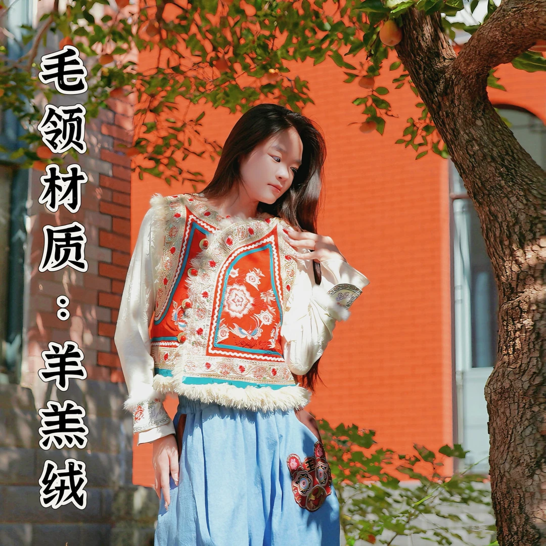 【阿吉】中式复古刺绣马甲加厚保暖无袖民族风女装秋冬款羊羔绒绣花