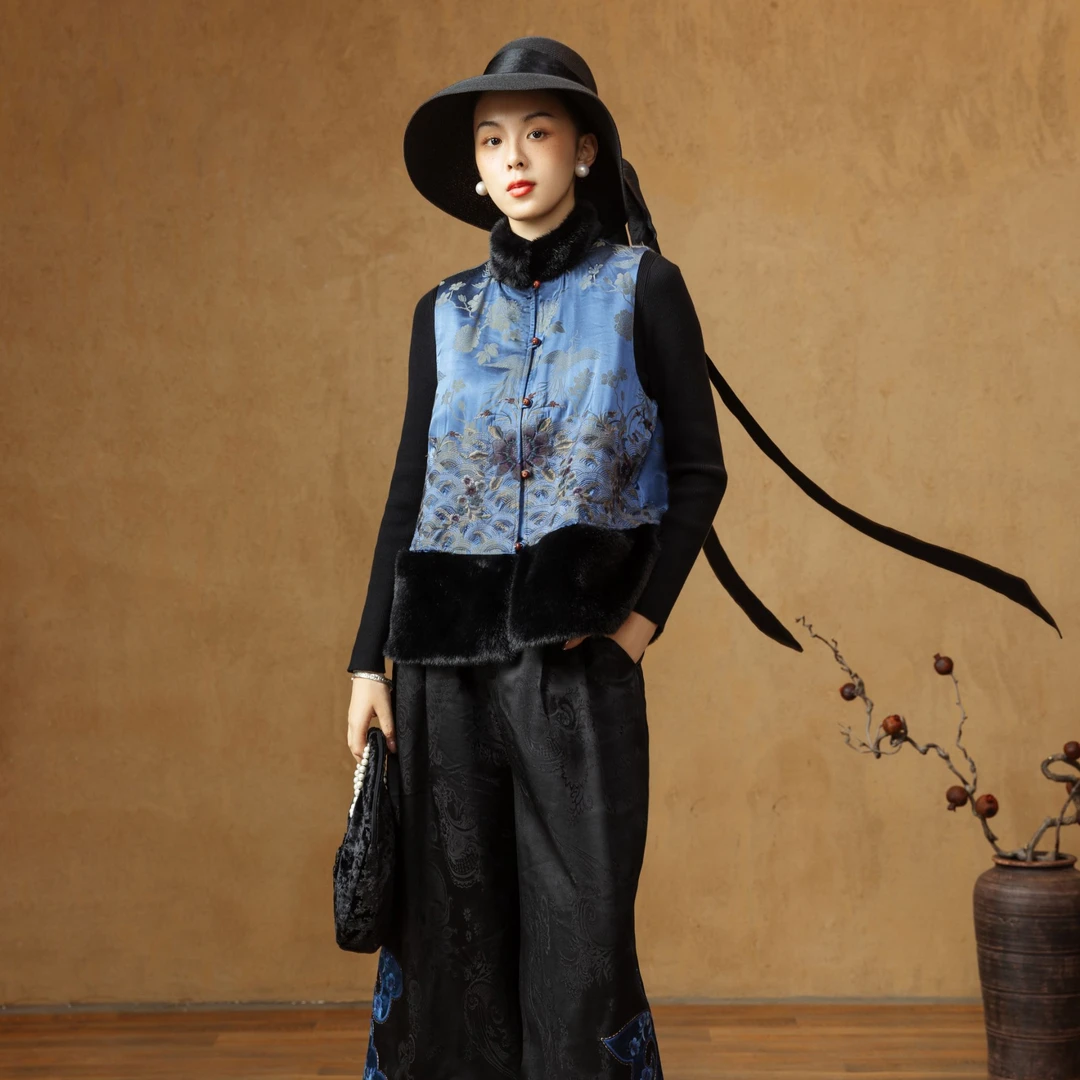 民族风棉马夹24D119立领无袖中国风中式复古马甲提花拼接