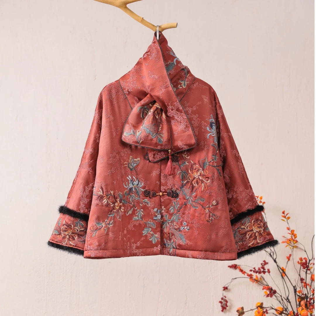 民族风重工刺绣古风棉服加厚款保暖水貂毛毛边上衣245321