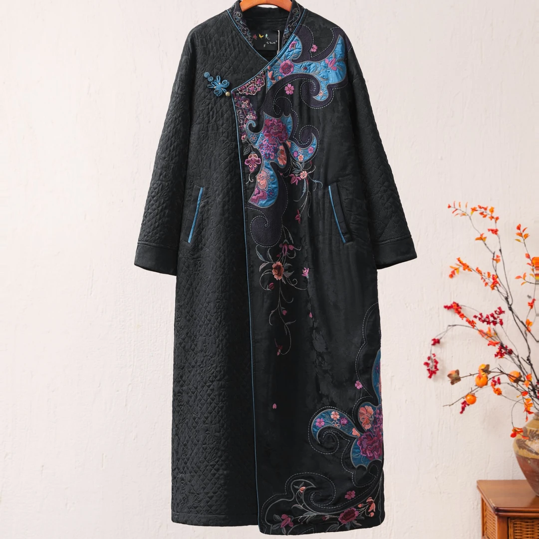 新中式国风大气黑色刺绣长款棉衣外套24D279