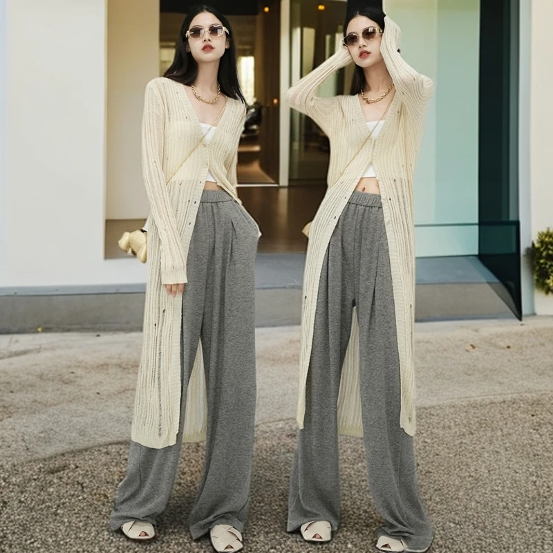 时尚秋冬加绒加厚直筒针织垂感高腰松紧宽松休闲显瘦阔腿拖地长