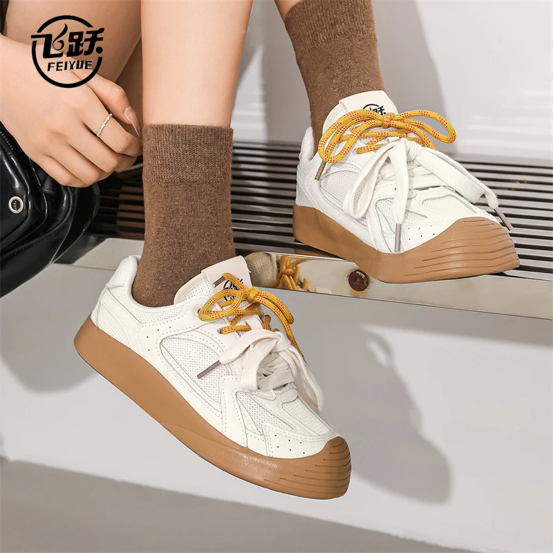 飞跃德训鞋女秋冬新款网面透气小众原创复古休闲运动板鞋双色鞋带