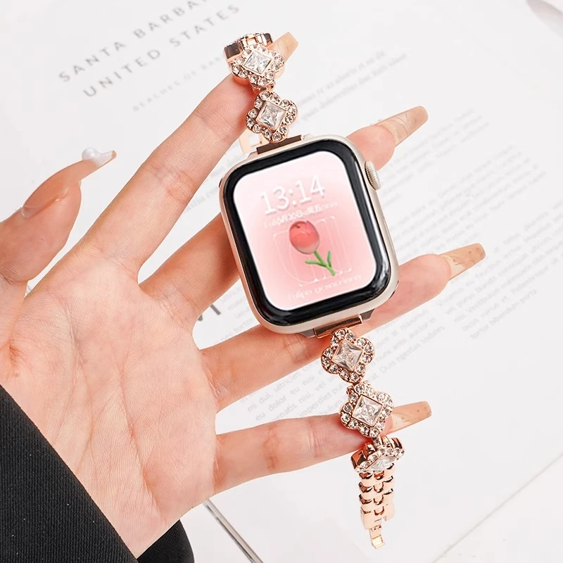 适用苹果iwatchS9手表带施华洛满钻applewatchs8/7智能女金属表链