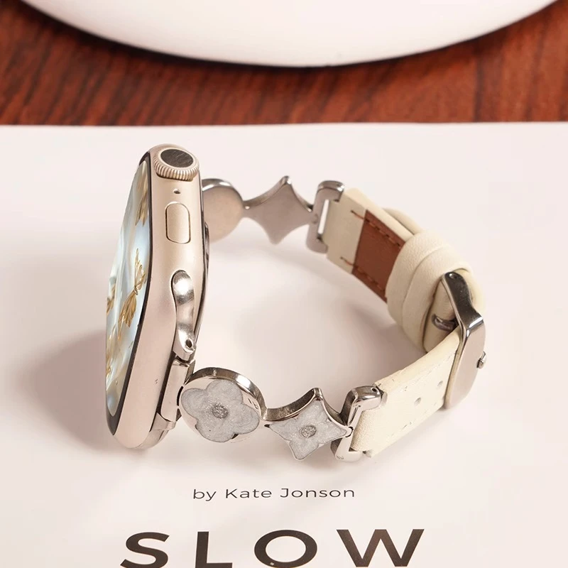 适用苹果apple watchS11手表带iwatchs10女s9四叶草拼皮s8/7腕表