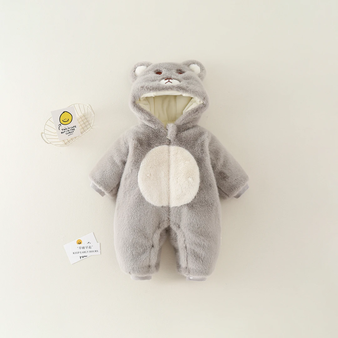 婴儿衣服外套冬装哈衣加绒夹棉保暖宝宝外出连体衣毛毛衣超萌可爱