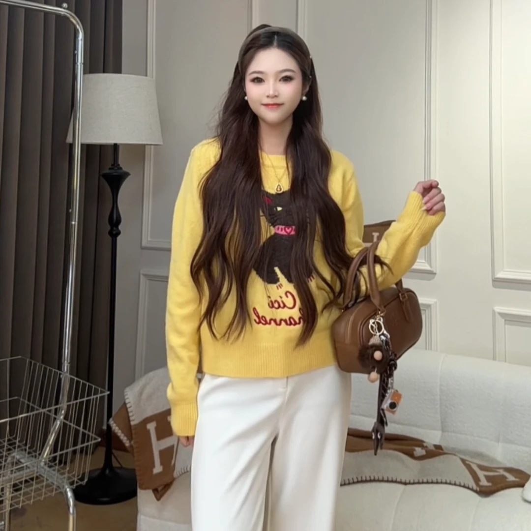 【77女装定制】铃铛小猫咪复古设计师提花毛衣女秋冬高级感软糯毛衣