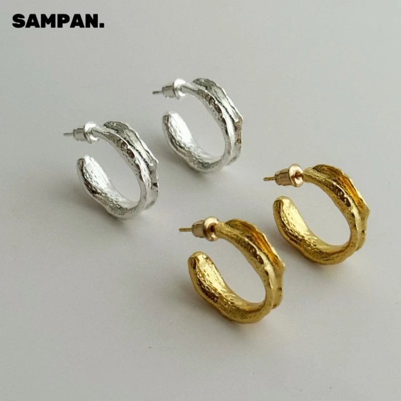 铜合金耳饰 高保色复古小众设计不规则简约耳圈气质圆圈耳环港风